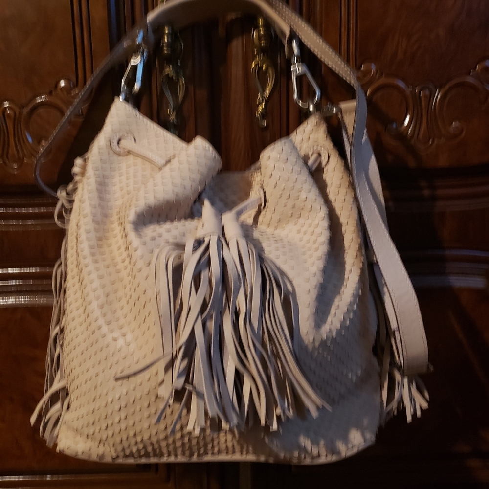 Brian Atwood Blush Embossed Bucket Bag with Fringes